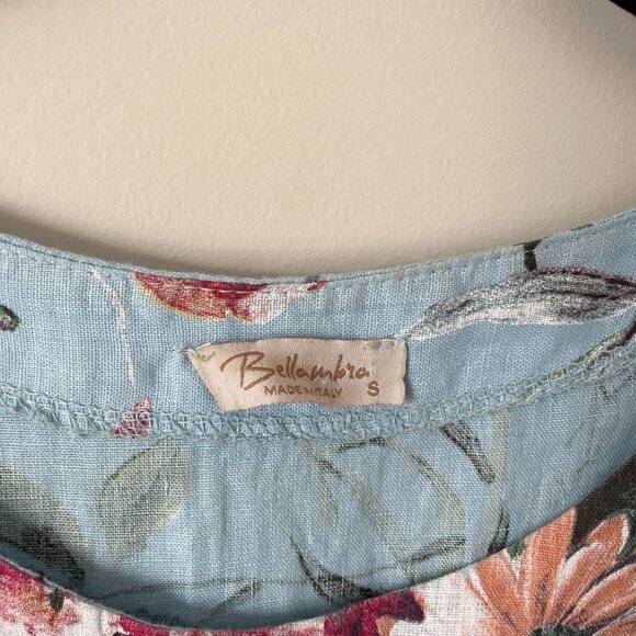 BELLAMBRA Floral Blouse Linen Short Sleeve Round Neck Pullover Blue Red Small - Picture 4 of 9